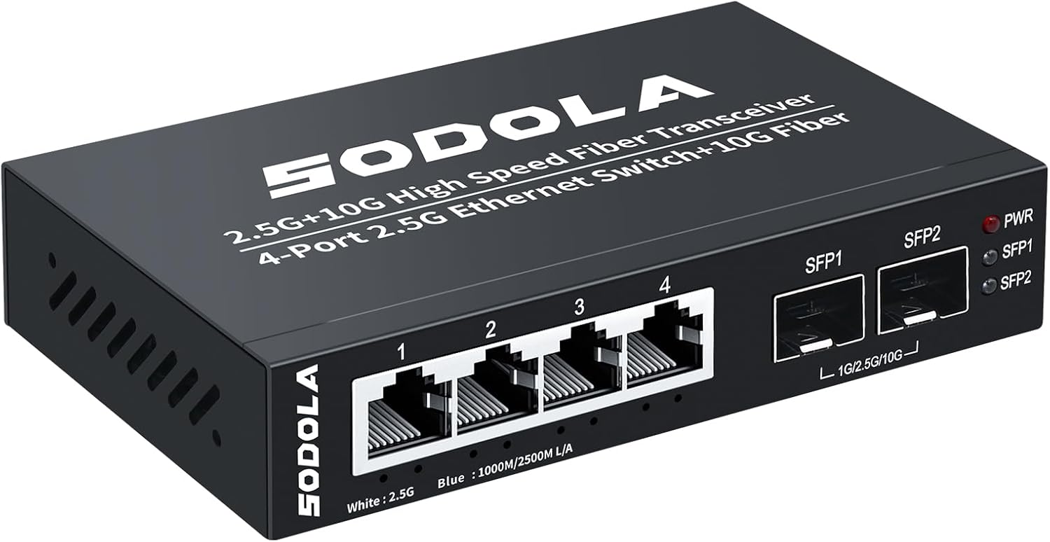 SODOLA 6 Port 2,5G Unmanaged Ethernet Switch, 4X 2,5GBASE-T Ports, 2X 10G SFP+, 60 Gbit/s Switching-Kapazität, Mini wandmontierbarer 2,5Gb Netzwerk-Switch für Wireless AP, NAS, PC 4X2.5G+2X10G SFP+