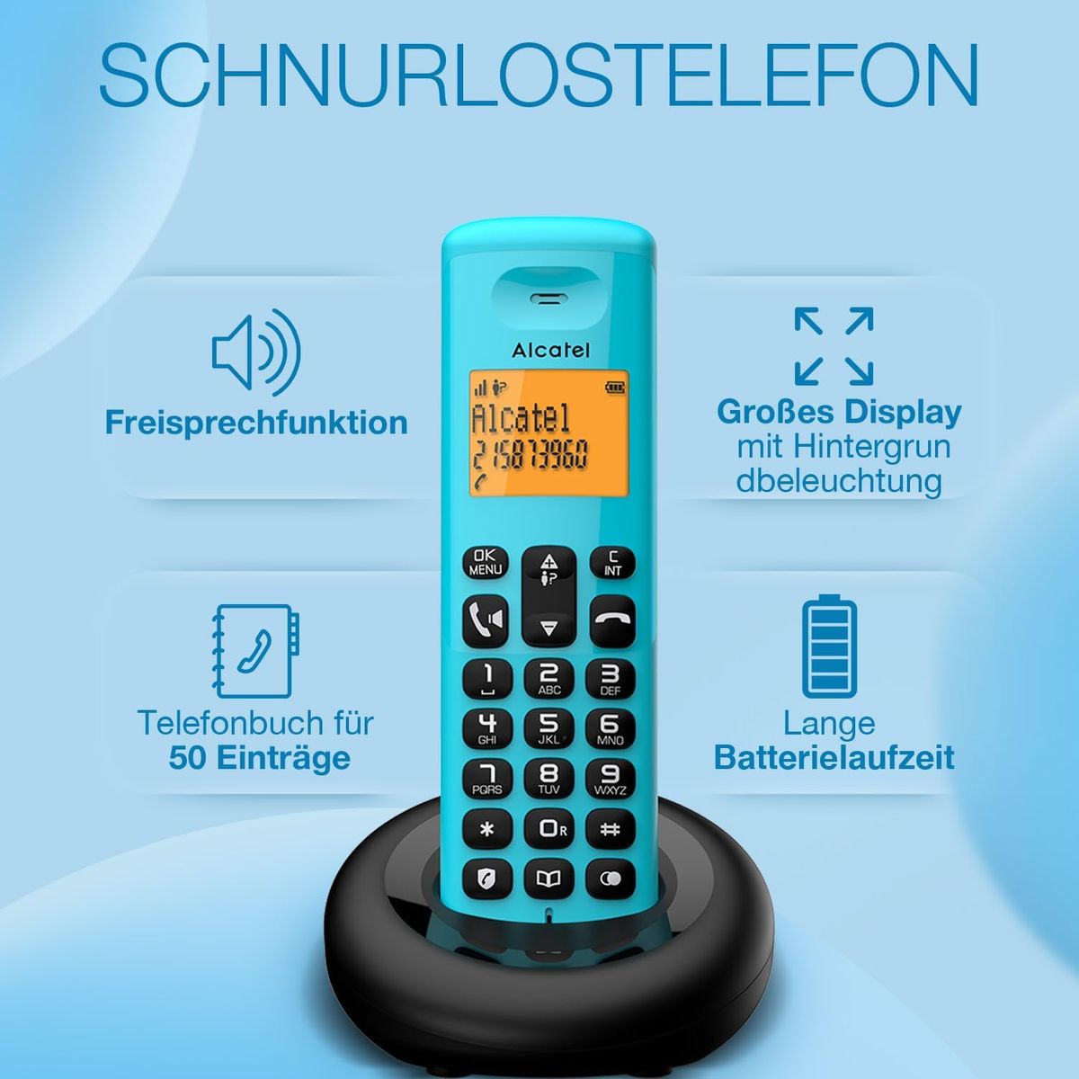 ALCATEL E260 - Schnurloses DECT-Telefon - Kompaktes Design - Großes hintergrundbeleuchtetes Display - Freisprechfunktion - Funktion zur Sperrung unerwünschter Anrufe - Blau