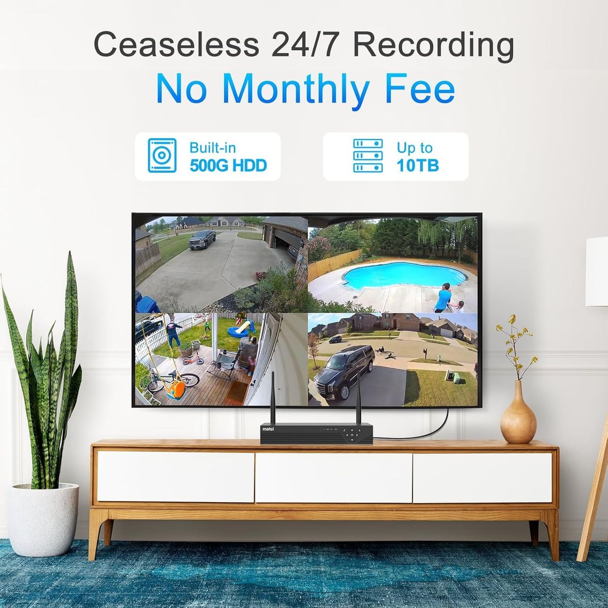 Maisi 87708 Drahtloses CCTV-Kamerasystem 3MP HD, 4CH NVR, 4 Außenkameras, Bewegungserkennung, Tag-/Nachtsicht, 500 GB Festplatte