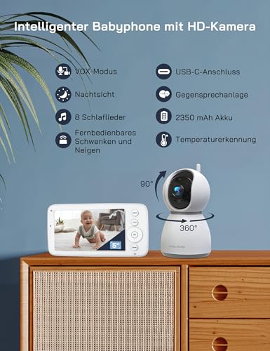 WOLFANG WB03 Video-Babyphone mit Kamera 5 Zoll, 1080P HD, Schwenk-Neige 360°/90°, Infrarot-Nachtsicht, 2-Wege-Audio, 2350 mAh Akku 20 Std., Temperatur- & Schreierkennung, kein WLAN, ca. 300 m Reichweite