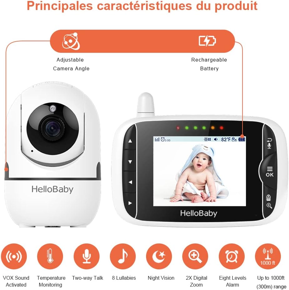 Hellobaby Babyphone Kamera, 3,2 Zoll Baby Phone mit Videokamera, 360° PTZ Babykamera Überwachung mit VOX, Nachtsicht, Temperatursensor, bidirektionales Audio, Videotelefon für Babys