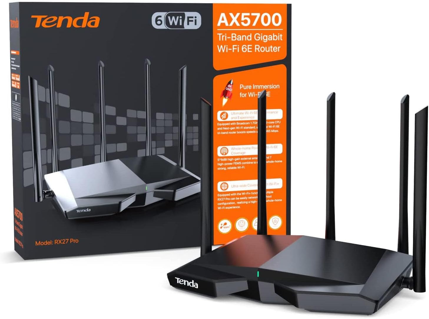 Tenda RX27 Pro WiFi 6E WLAN Router (AX5700 Tri-Band 6GHz:2402Mbps+5GHz: 2402Mbps+2,4GHz:861Mbps), 5 * 6dBi Antennen, Gigabit-Port, MU-MIMO, VPN, IPv6, WPA3, WiFi+ Mesh für AR/VR/4K/8K Video, Schwarz RX27 Pro|Wi-Fi 6|AXE5700