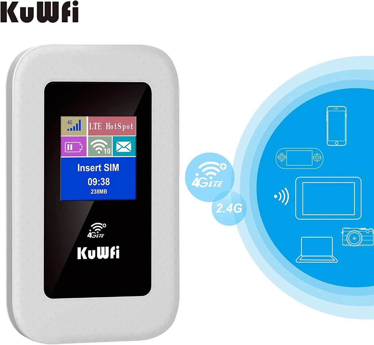 KuWFi Mobiler 4G LTE WLAN Router, KuWFi 4G Modem 150 Mbit/s, 4G Dongle mit SIM-Kartensteckplatz, wiederaufladbarer 2100-mAh-Akku, Farbbildschirm, WLAN-Freigabe für bis zu 10 Geräte, C920