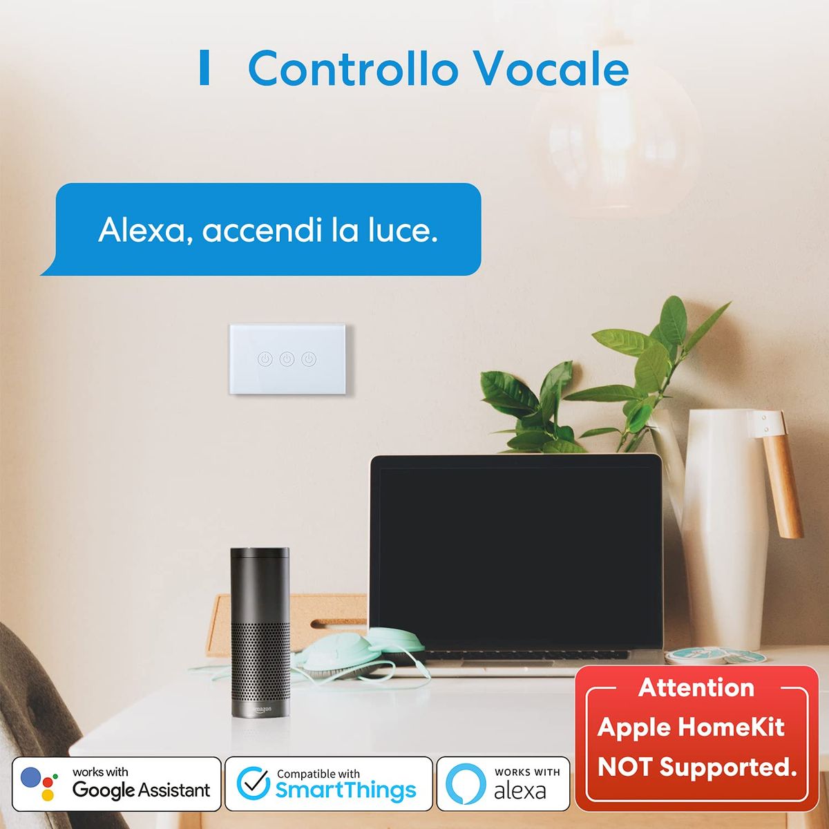 Meross WiFi-Schalter zu Hause mit WiFi Alexa, intelligenter italienischer Wandschalter, 1/2/3 Gang, Touch-LED-Panel, stoßfest, elektrisch, Timer, App Fernbedienung, kompatibel mit Alexa, Google Home