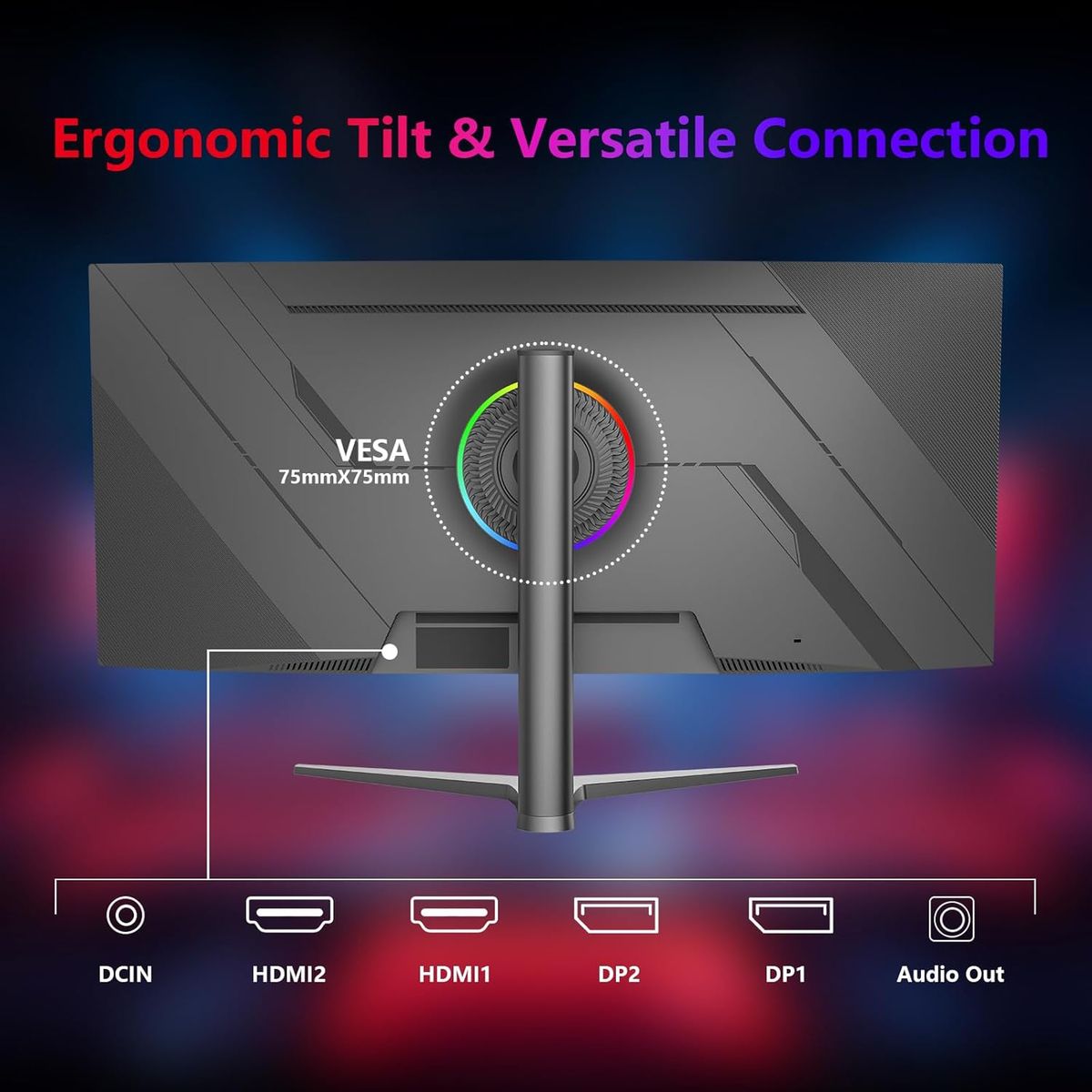 Great voell 38-Zoll Curved Gaming Monitor, 144Hz, UWQHD 3840x1600, 2500R, 1ms, 99% sRGB, FreeSync, HDR, Anti-Blue Light, VESA montierbar, HDMI 2.0, DP 1.4, Multifunktionsständer