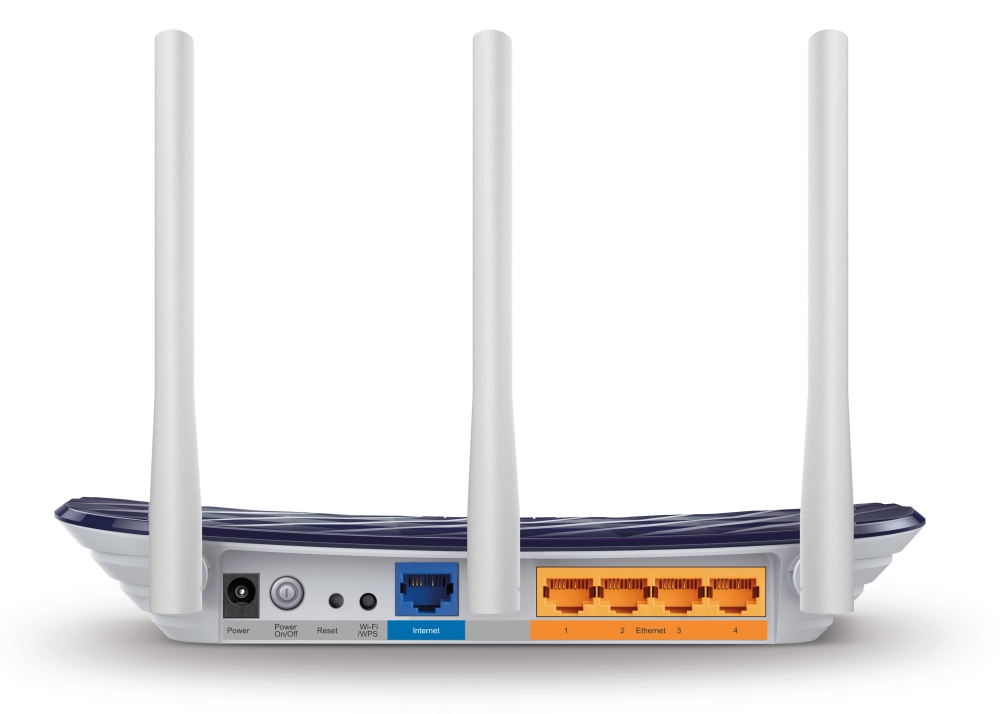 TP-Link Archer C20 Dual Band WLAN Router (300Mbit/s auf 2,4GHz + 433Mbit/s auf 5GHz, 4 10/100 LAN + 1 10/100 WAN Ports, unterstützt einfachen Gast-Netzwerk Zugriff und Kinderschutz) blau weiß Single