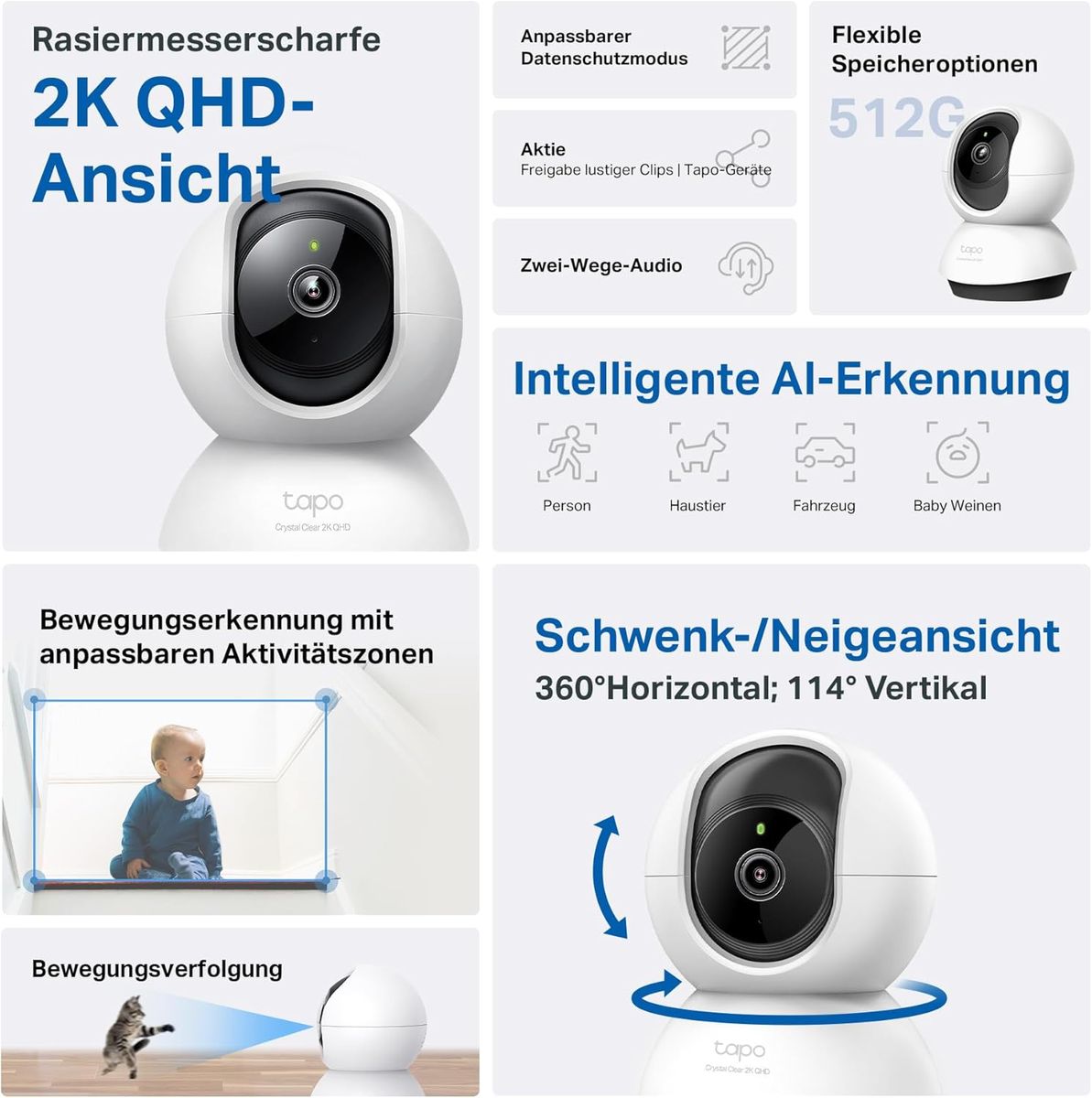 TP-Link Tapo C220 Sphärisch IP-Sicherheitskamera Drinnen 2560 x 1440 Pixel Tisch/Bank