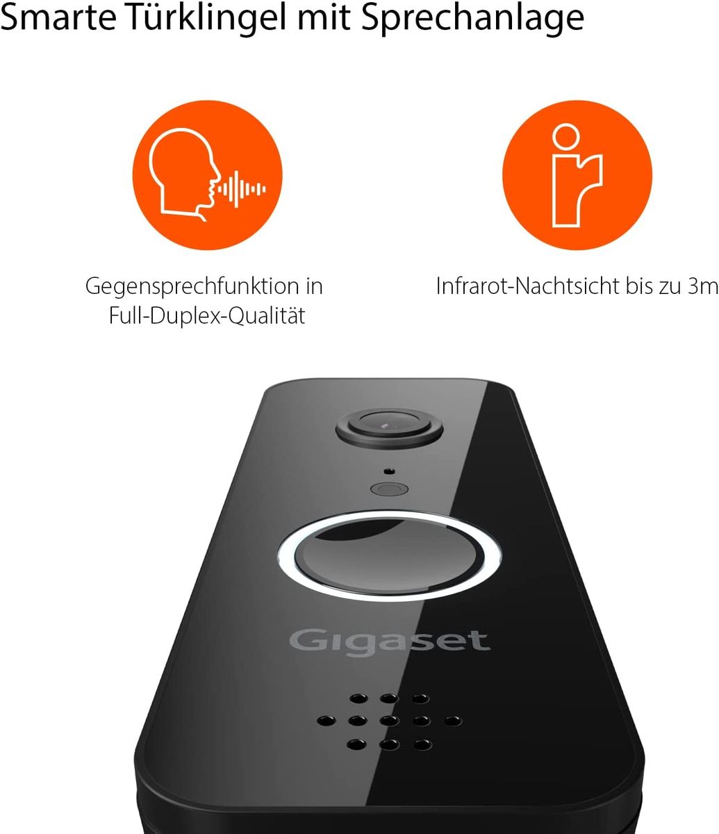 Gigaset Doorbell - Smart-Home Türklingel zur Überwachung der Eingangstür mit Echtzeit-Videoübertragung in Full HD, Push-Nachricht bei Bewegungen und Klingeln - App-Steuerung, schwarz Smart Doorbell ONE X