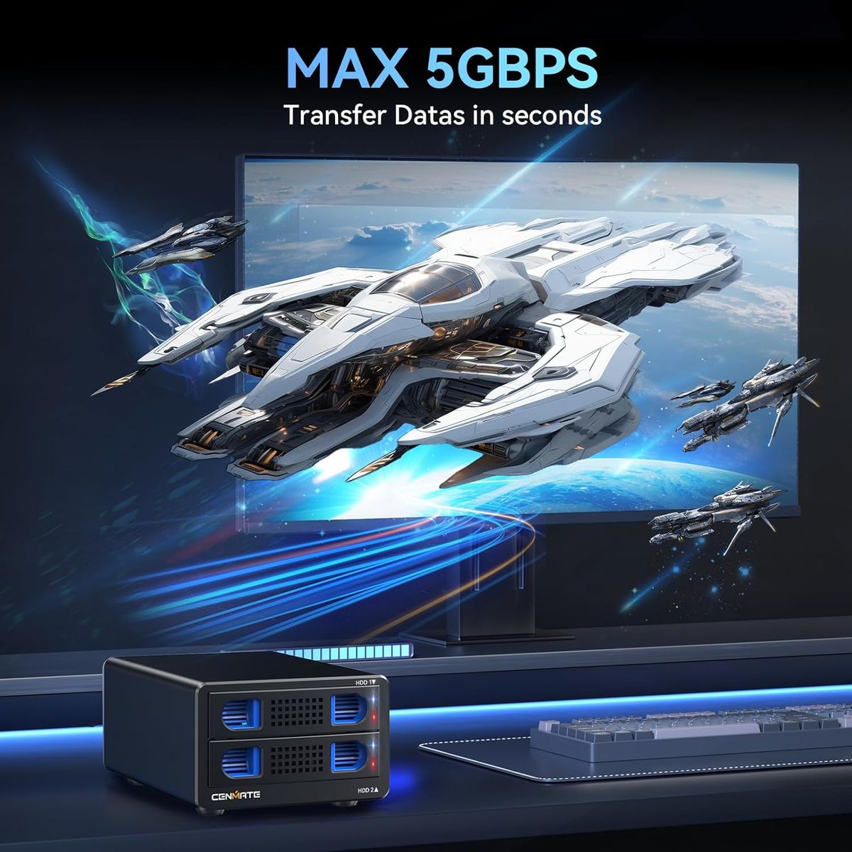 Cenmate 2 Bay Aluminium Festplattengehäuse für 2,5/3,5 Zoll SATA HDD/SSD, USB A/C 3.0, werkzeuglos, Lüfter, Hot-Swap, Daisy Chain, DAS (kein RAID/NAS)