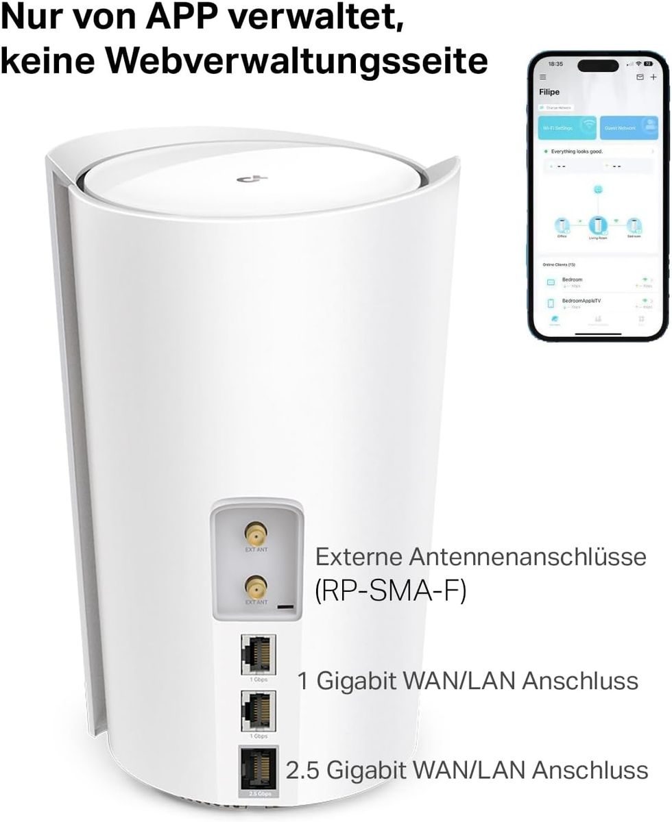 TP-Link Deco X3000-5G (1-Pack) V1.0 5G LTE WLAN-Router AX3000, 2,5-Gbit/s-Port + 2x Gigabit-Ports, SIM-Karten-Slot, Nur App verwaltet