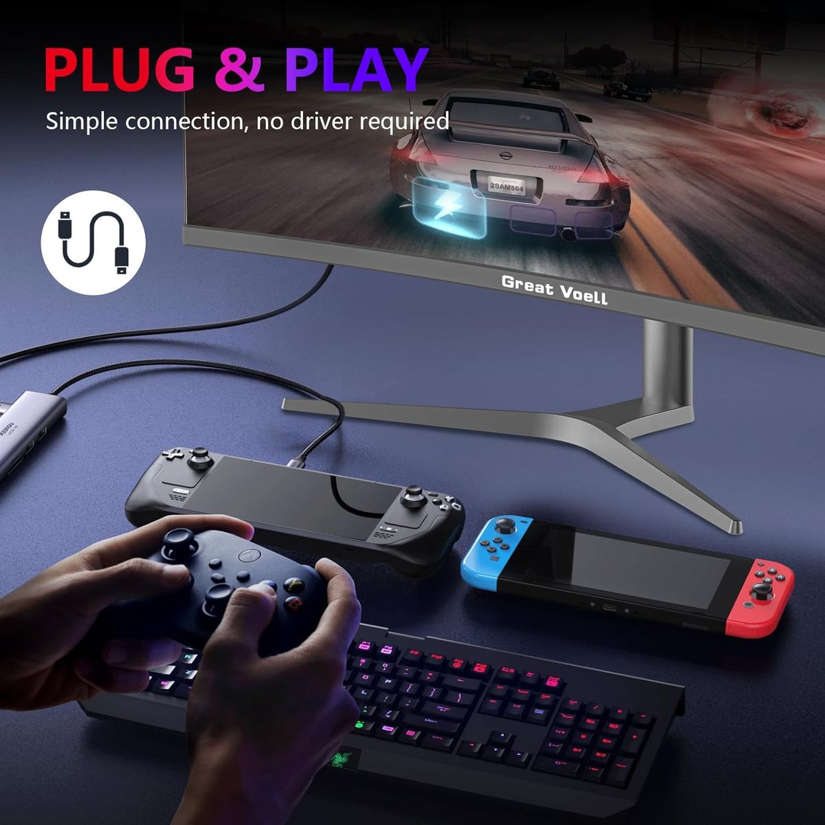 Great voell 38-Zoll Curved Gaming Monitor, 144Hz, UWQHD 3840x1600, 2500R, 1ms, 99% sRGB, FreeSync, HDR, Anti-Blue Light, VESA montierbar, HDMI 2.0, DP 1.4, Multifunktionsständer