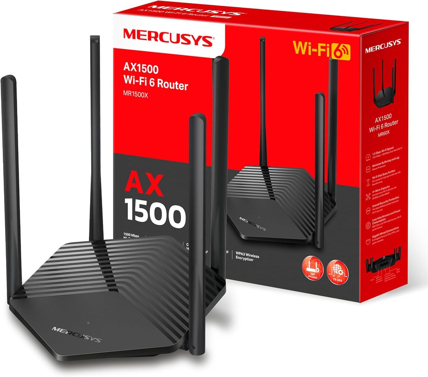 Mercusys MR1500X AX1500Mbps WLAN-Router 6 Dual-Band, Gigabit-Port, 1201Mbps auf 5GHz und 300Mbps auf 2,4GHz, 4 Antennen mit hoher Verstärkung, Kindersicherung, Gästenetzwerk, QoS, OFDMA