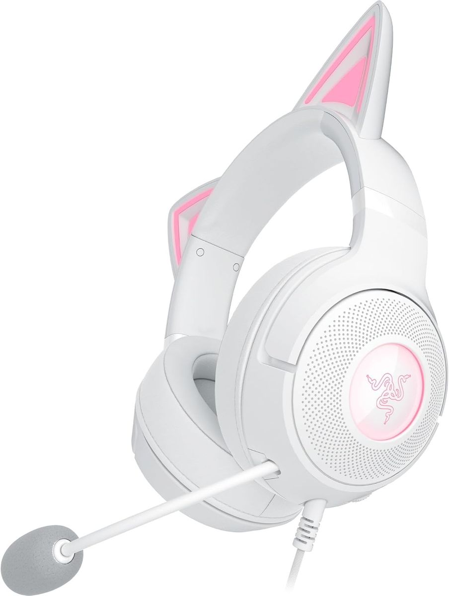 Razer Kraken Kitty V2 - Kabelgebundenes RGB-Headset mit Kitty Ohren für Gaming und Streaming (325 g, Triforce 40 mm Treiber, HyperClear Cardioid Mic, Surround Sound) Weiß