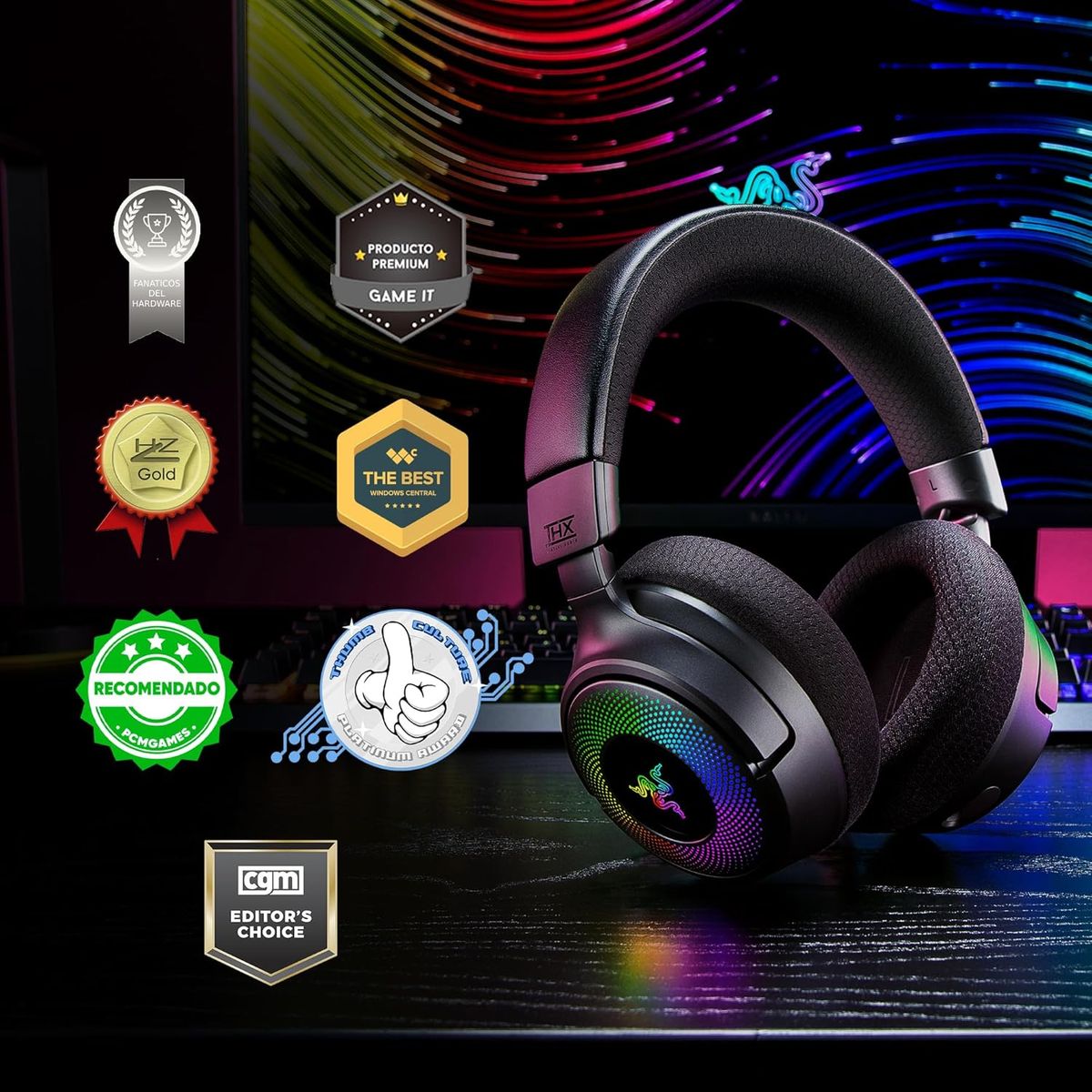 Razer Kraken V4 Kabelloses Gaming-Headset, 2.4 GHz Wireless + Bluetooth 5.3 + USB, Triforce 40 mm Treiber, 9‑Zonen RGB, THX Spatial Audio, Retraktables Mikrofon, Schwarz