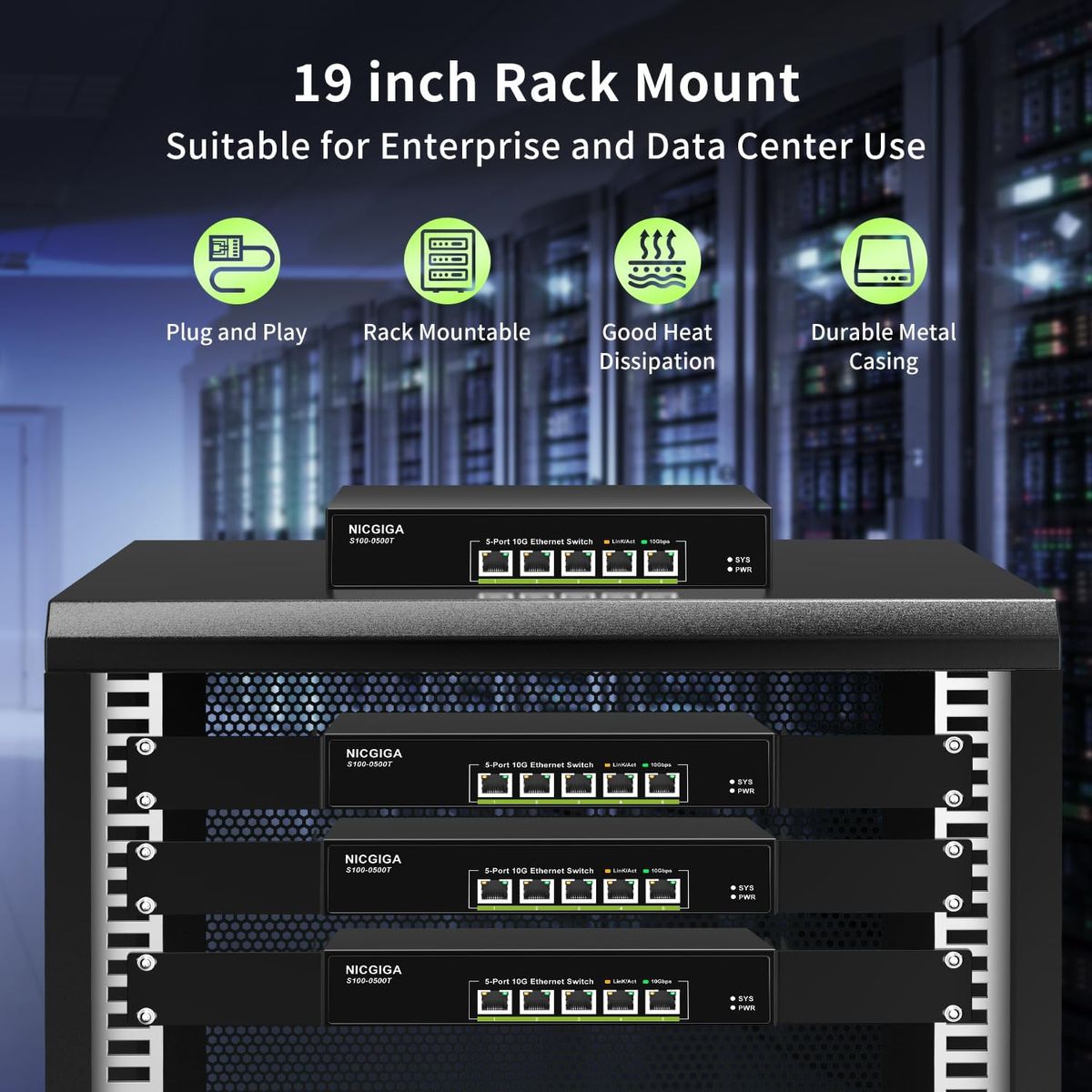 NICGIGA S100-0500T 5-Port 10G Ethernet Switch, unmanaged, 5x 10G/5G/2.5G/1G RJ45, 100Gbps, Metallgehäuse, Lüfter, Desktop/Rack, EU