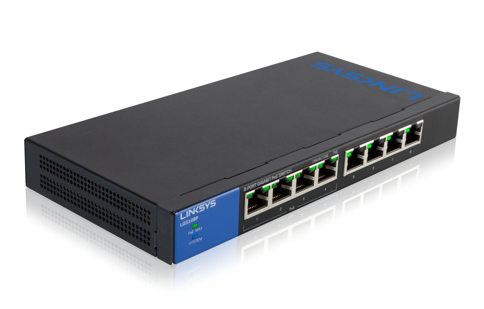 Linksys LGS108P-EU 8-Port Unmanaged Gigabit-Netzwerk-PoE-Switch 4 PoE+-Ports Ethernet-Switch – bis zu 1000 Mbit/s für Büros zu Hause IP-Überwachung – Platzierung auf dem Schreibtisch POE 8 Port Unmanaged