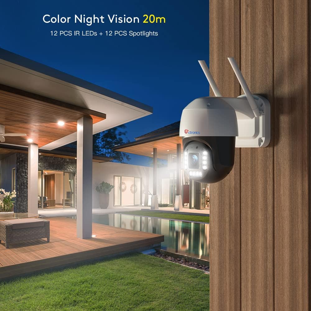 ctronics 4K 8MP Überwachungskamera Aussen WLAN, 2,4GHz/5GHz Dualband WiFi PTZ IP Kamera Outdoor mit Personen-/Fahrzeugerkennung, Automatische Verfolgung, 355°/90° Schwenkbar, Farbnachtsicht, IP66 Weiß