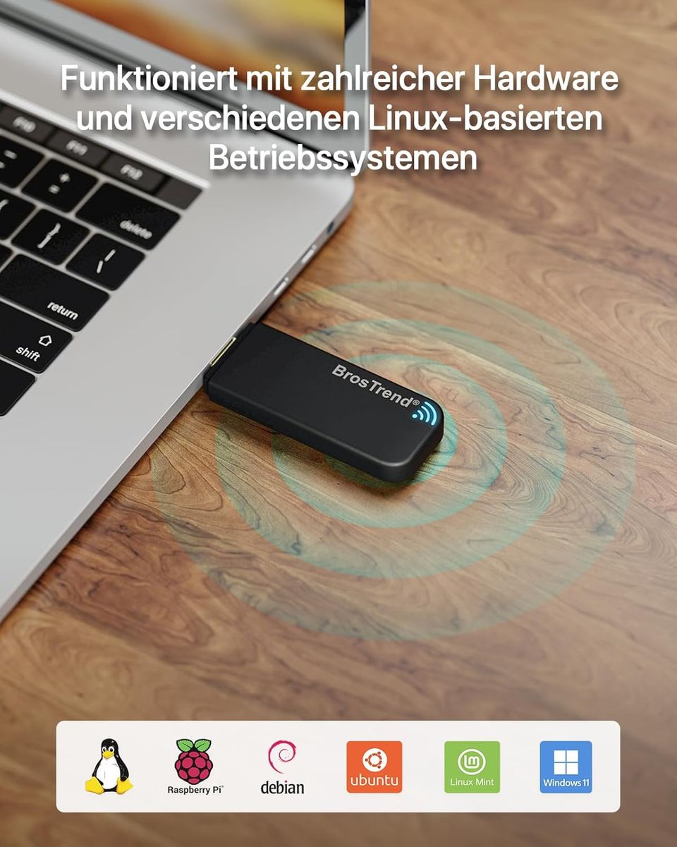 BrosTrend Linux USB WLAN Stick AC1200 für Ubuntu, Mint, Debian, Kubuntu, Mate, LMDE, Zorin, PureOS, Raspberry Pi 2+, Windows 11, USB 3.0 PC, Dual Band 5 GHz/867 Mbit/s + 2,4 GHz/300 Mbit/s