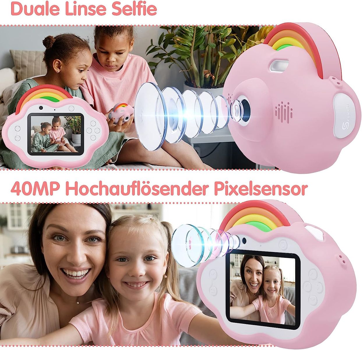 Selvim Kinderkamera [Duale Linse Selfie], 2,4 40MP Digitalkamera Kinder, 1080P HD Kamera Kinder mit 32GB TF-Karte, Geburtstagsgeschenk für Jungen Mädchen von 3-12 Jahre Rosa