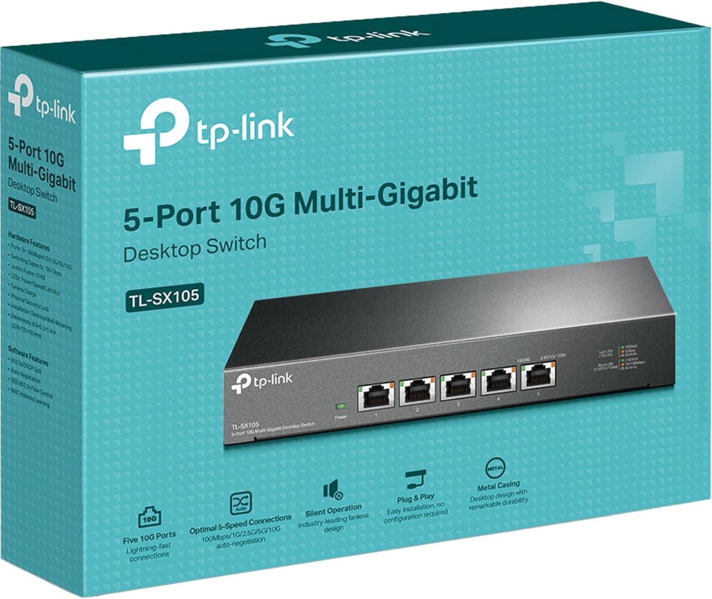 TP-Link TL-SX105 5-Port 10G Desktop Switch, Unmanaged, 10G/Multigig Auto-Negotiation, lüfterlos, 12V DC, EU