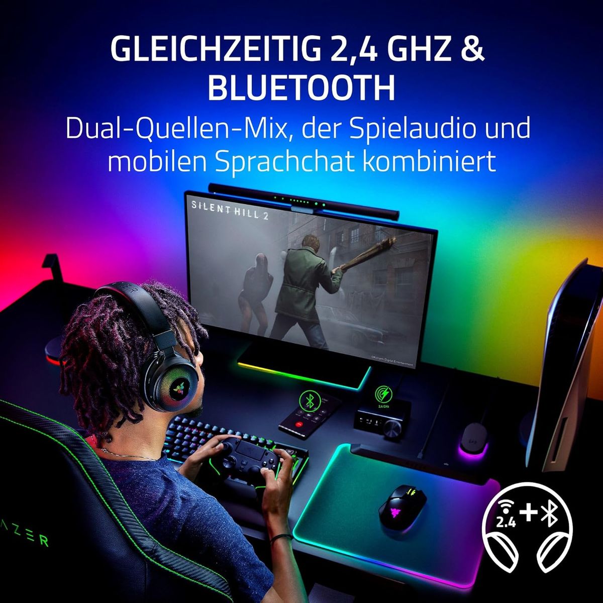 Razer Kraken V4 Pro - Kabelloses Gaming-Headset mit Control Hub Sensa HD-Haptik (OLED-Control-Hub, Triforce 40mm Treiber, HyperSpeed & Bluetooth, THX Spatial Audio, RGB) Schwarz