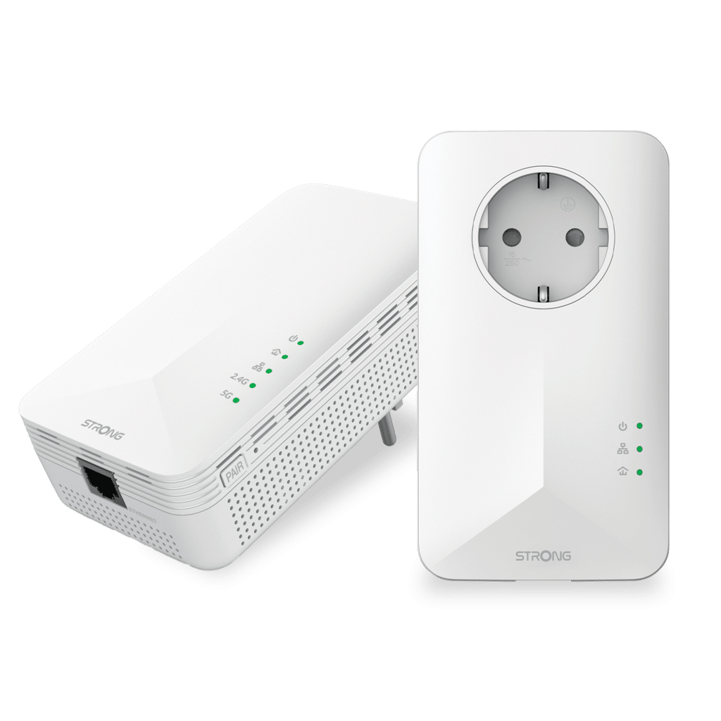 STRONG POWERL1000WFDUOEUV2 Powerline Adapter 1000 Mbit/s (HomePlug AV2) mit WLAN Wi‑Fi 5, Gigabit Ethernet, Eingebaute Steckdose, 2er-Pack, Weiß