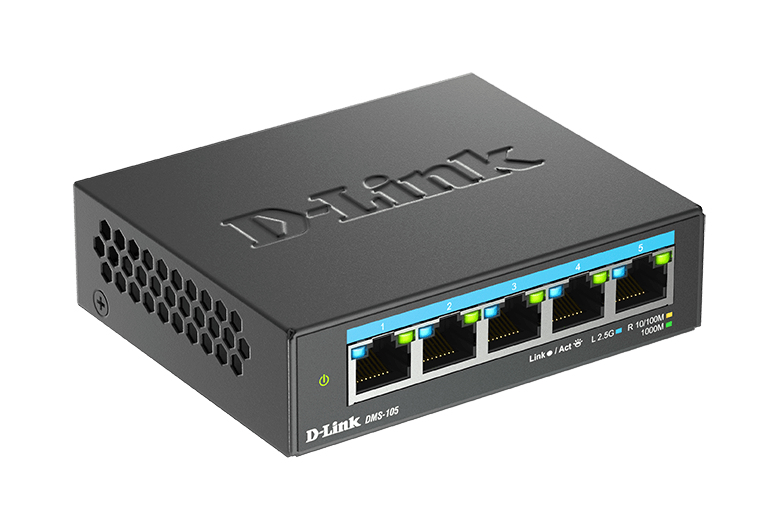 D-Link DMS-105/E 5-Port 2,5G Multi-Gigabit Desktop Switch, Unmanaged L2, Metallgehäuse, lüfterlos, DC 12V Netzteil, QoS, IGMP-Snooping