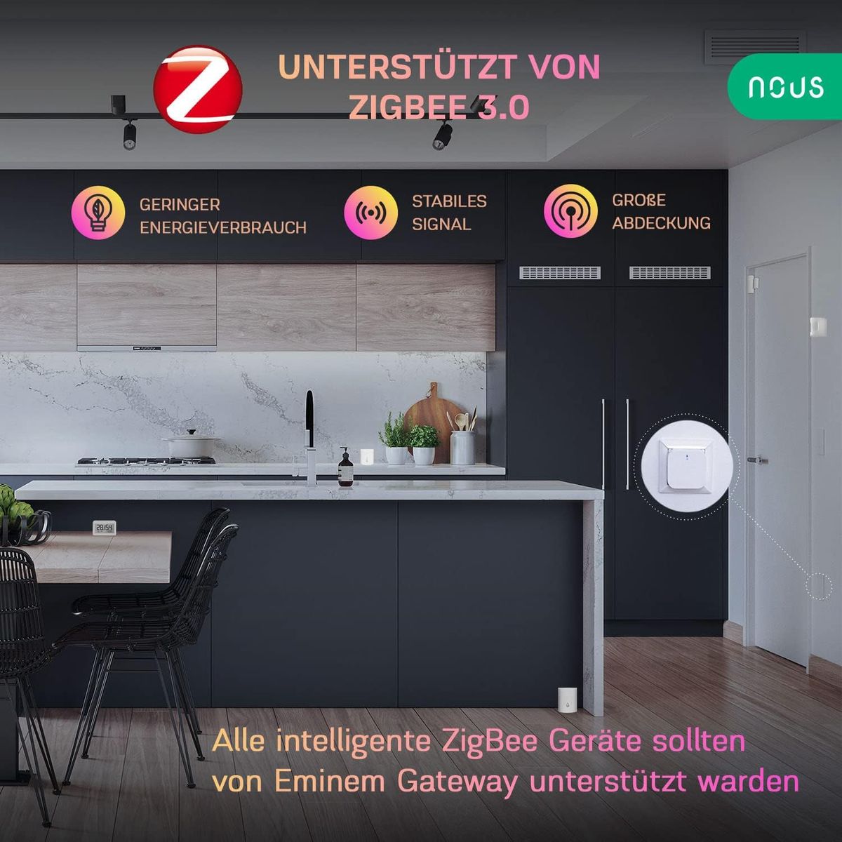 NOUS E1 ZigBee Gateway, ZigBee Hub/Bluetooth Hub, ZigBee Bridge, ZigBee Smart Home, ZigBee Gateway Alexa, Gateway ZigBee Smart Home, ZigBee 3.0, Bluetooth, Smart Life/Tuya App