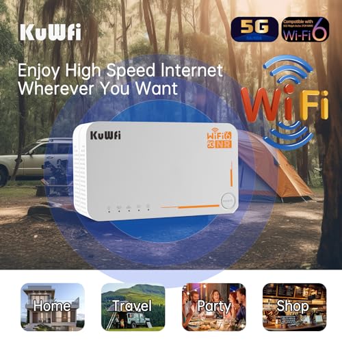 KuWFi C160 5G Mobiler WLAN-Router, AX3600 WiFi 6 Dualband, eSIM & Nano-SIM, 2.5Gbps 5G Modem, 2.5GbE Port, 4000 mAh Akku, bis 32 Geräte, EU Plug