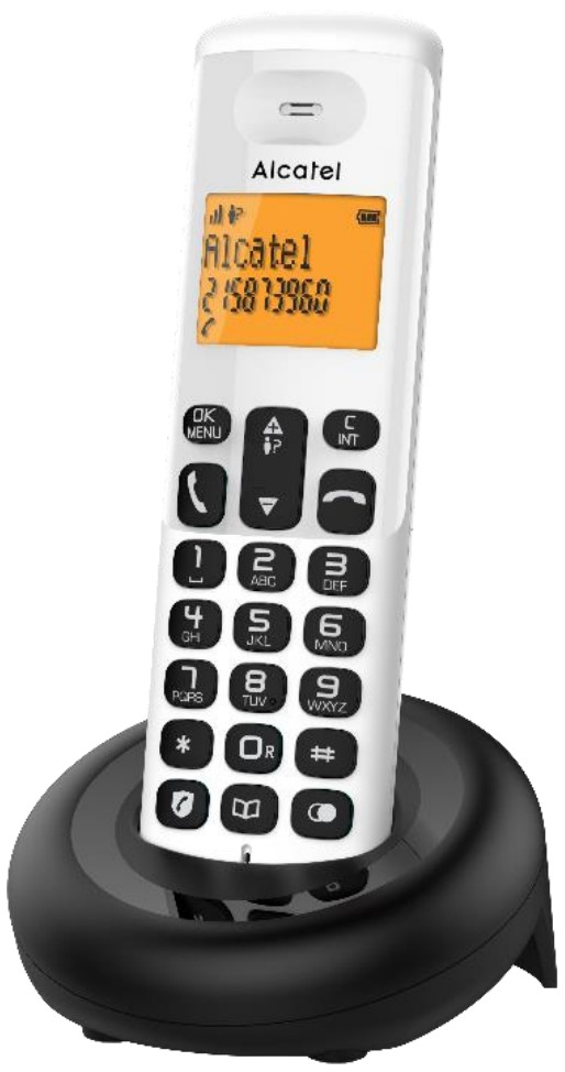 Alcatel E160 Schnurloses DECT-Telefon, Anrufer-ID, Telefonbuch 50 Einträge, Display, NiMH-Akku 300 mAh, 10 h Gesprächszeit, Schwarz/Weiß