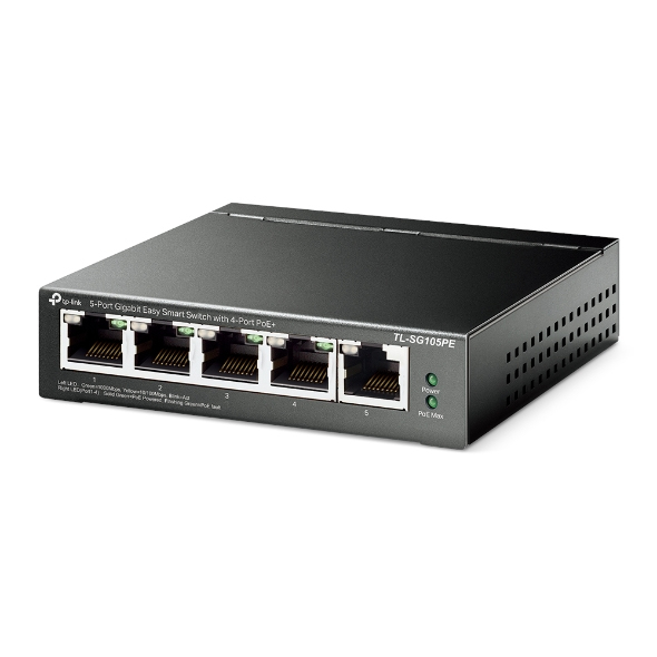 TP-Link TL-SG105PE 5-Port Gigabit Managed LAN PoE Switch mit 4 PoE+ Ports (65 Watt, IEEE-802.3af/at, einfache Konfiguration, IGMP, QoS, VLAN, lüfterlos, robustes Metallgehäuse) Schwarz Managed Switch 5 Port mit 4 PoE+
