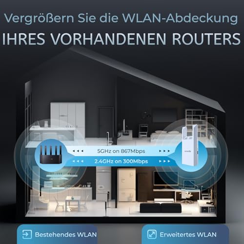 Tenda A18 V4.0 WLAN-Repeater Dualband AC1200, 867 Mbit/s 5 GHz + 300 Mbit/s 2,4 GHz, kompatibel mit FritzBox, Abdeckung 150 m², App-Steuerung, AP-Modus