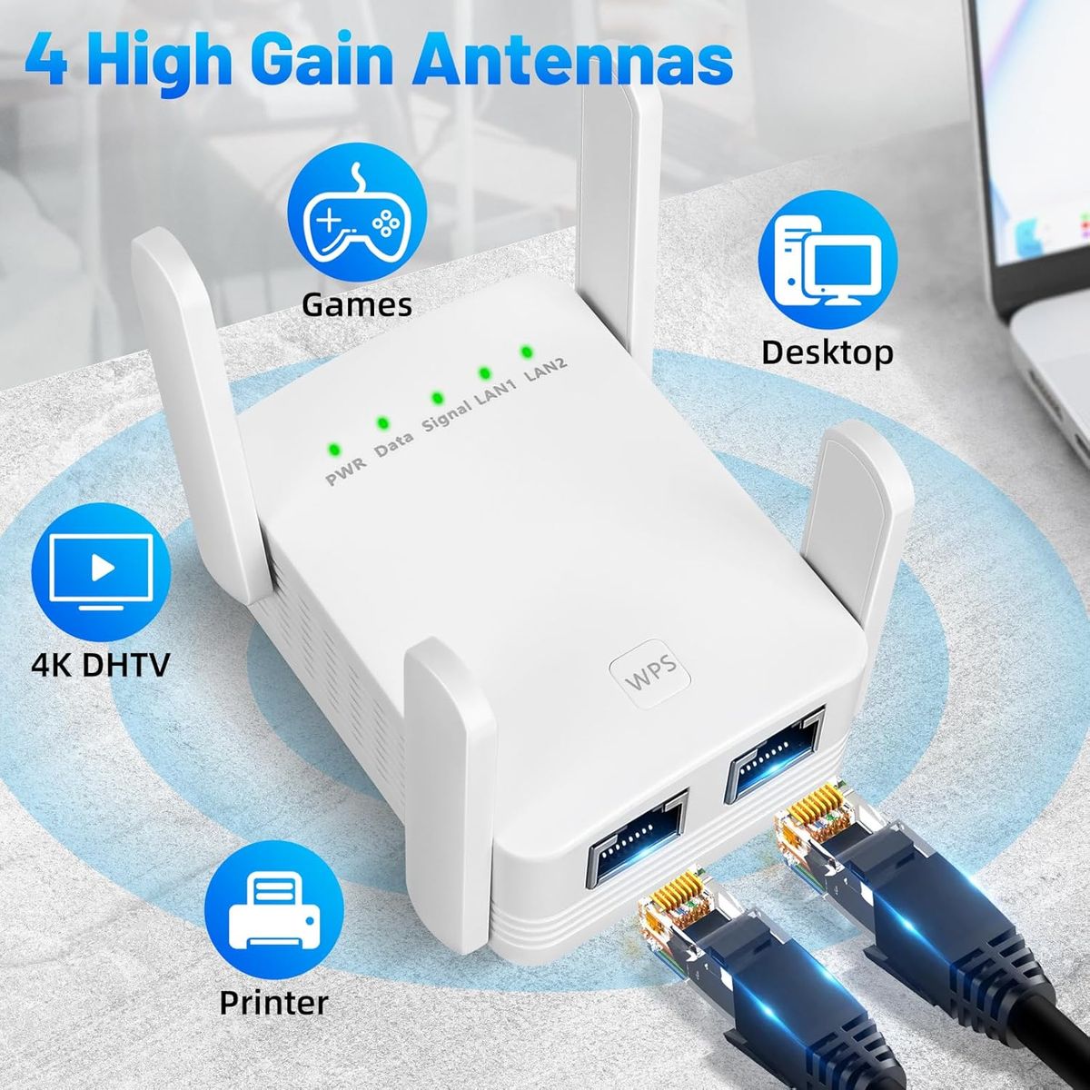 GOOPOOL YJJ-ZJQ-00 WLAN Repeater Dualband 1200 Mbit/s (2,4 & 5,8 GHz), 4x2 dBi Antennen, WPS, WLAN Extender, Weiß, EU Stecker