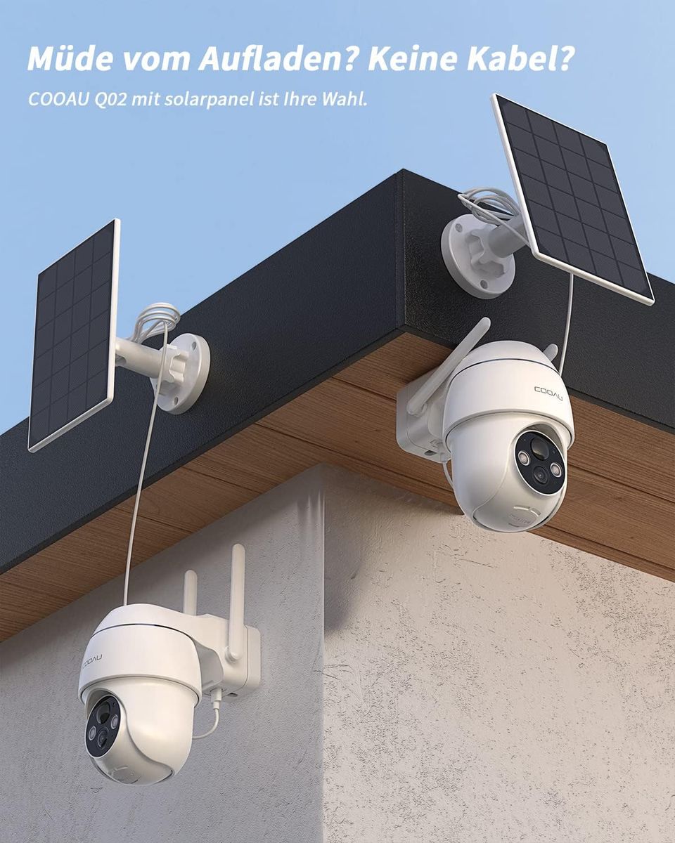 COOAU Überwachungskamera Aussen Solar Akku, 2K PTZ 355°/90° Kabellos WLAN IP Kamera ​Outdoor mit PIR Bewegungsmelder, Farbige Nachtsicht，Spotlight，IP66 ,2-Wege-Audio, Cloud-Speicher Weiß