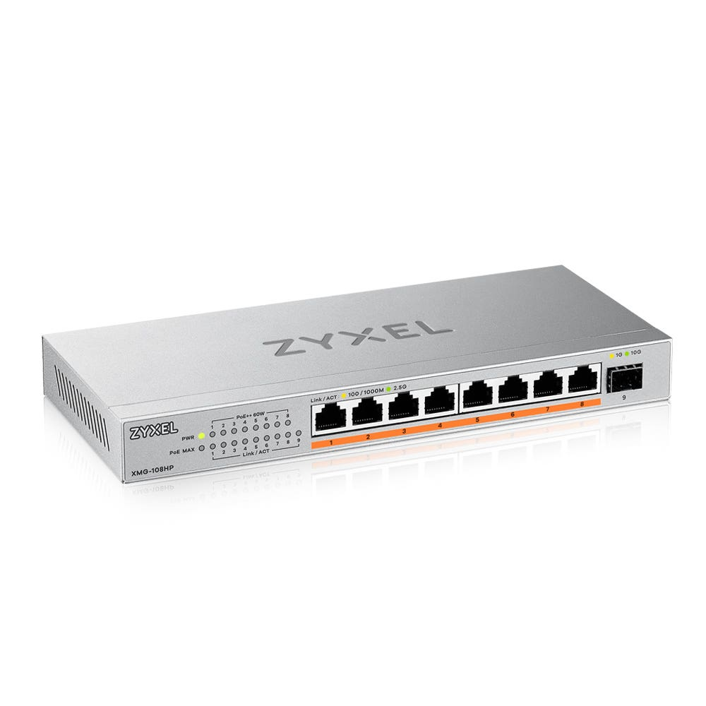 Zyxel XMG-108HP Unmanaged 8-Port 2.5G PoE++ Switch, 8x 2.5G RJ45, 1x SFP+, 100W PoE, DC-Netzteil, 60 Gbit/s