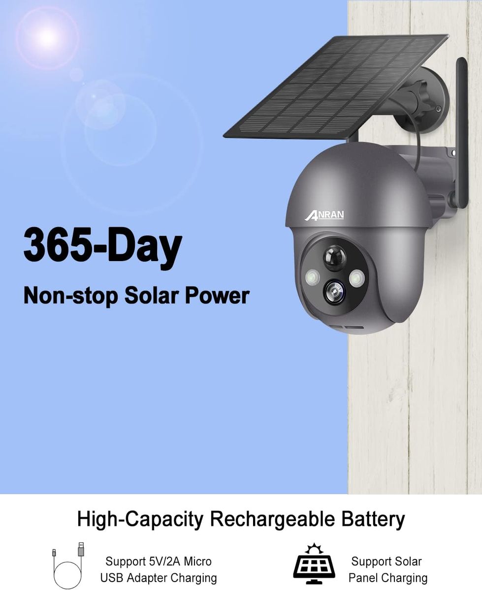 ANRAN 2K Überwachungskamera Aussen Akku WLAN, 360 Grad Schwenkbare Kabellose Überwachungskamera mit Solarpanel, PIR Bewegungsmelder mit Flutlicht, 2-Wege-Audio, Nachtsicht, 2,4GHz WLAN, Q01 Grau
