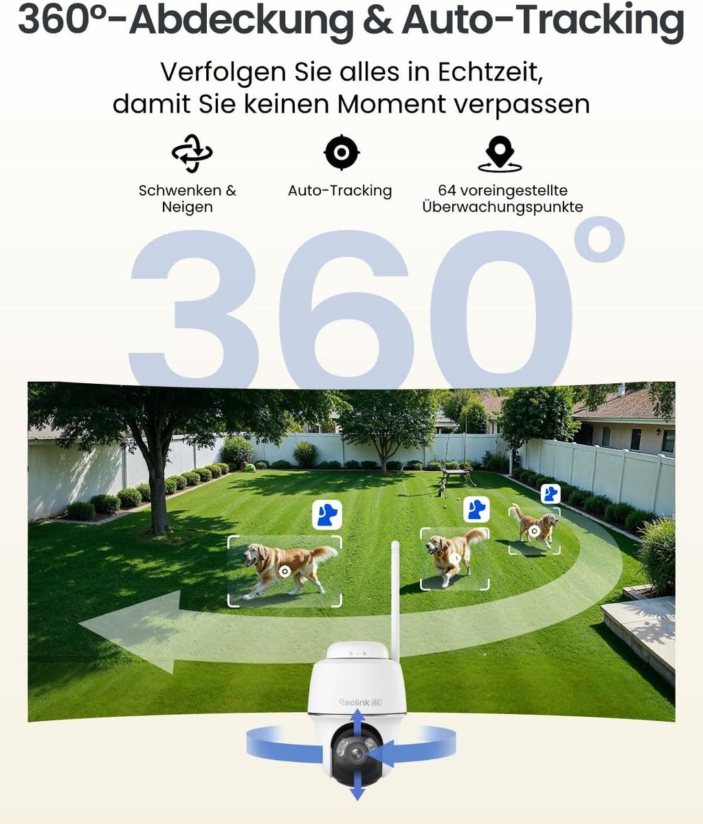 Reolink Argus PT Ultra+SR3 4K Solar Überwachungskamera Außen Akku WLAN 2,4/5 GHz Auto-Tracking Farbnachtsicht 8MP Weiß