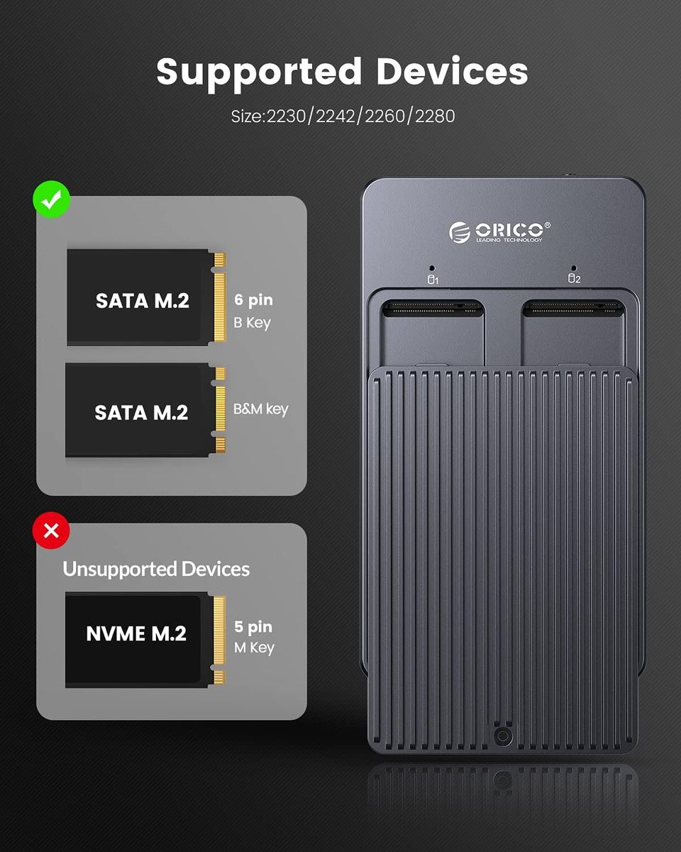 ORICO RAID M.2 SSD Gehäuse M2 SATA Dual-Bay mit PM/Raid0/Raid1/JBOD,USB3.1 Gen2 USB-C 10Gbps NGFF Sata Adapter Festplattengehäuse für B-Key/B+M Key SSD 2230/2242/2260/2280,Unterstützt kein NVMe-M2N210
