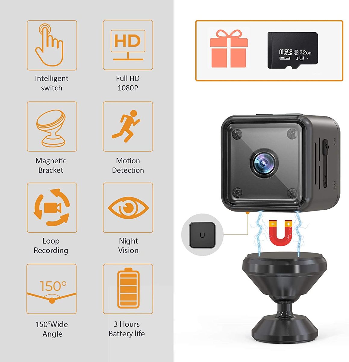ER-ESTAVEL Mini Kamera, 1080P HD Kleine Überwachungskamera Lange Batterielaufzeit Videoanrufkamera Sicherheitskamera mit Bewegungserfassung Infrarot Nachtsicht