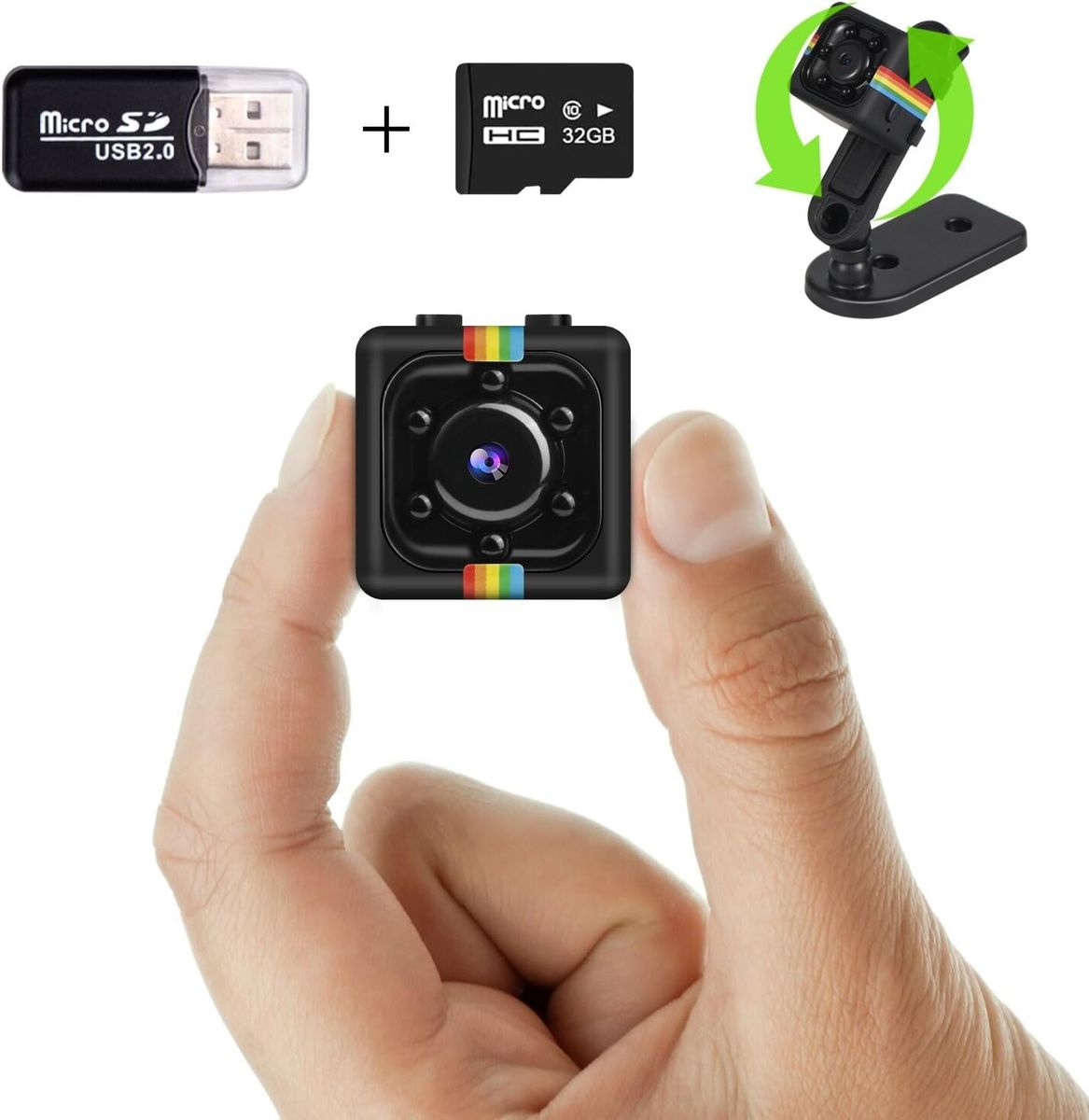 Bextgoo SQ11 Mini Sicherheitskamera, 1080P FHD Versteckte Kamera Ohne WLAN, 32GB Speicherkarte, Nachtsicht, Bewegungserkennung, Innen, 360° Drehhalterung