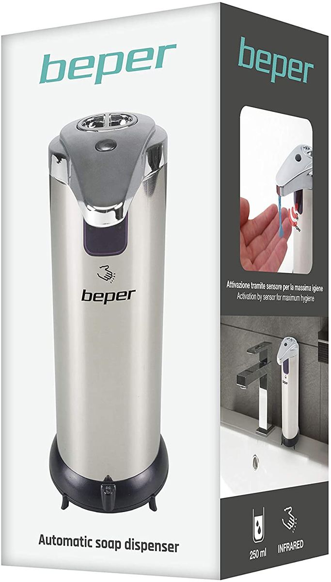 Beper Automatic Soap Dispenser, Steel/ABS, Infrared Sensor, 250ml Capacity, 3 Spout Settings, Anti-drip Device, Piccolo, Gray