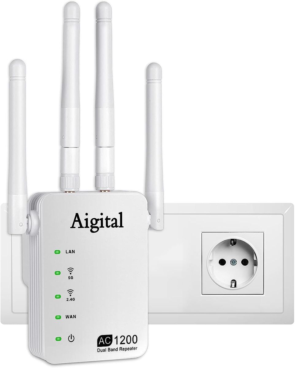 Aigital 1200Mbit/s WLAN Repeater Handlichen WLAN Verstärker Extender DualBand 2.4GHz/5GHz Ethernet-Anschluss 4 Antenne kompatibel zu Allen WLAN Geräten Einfache Einrichtung-802.11 AC/B/G/N Weiss