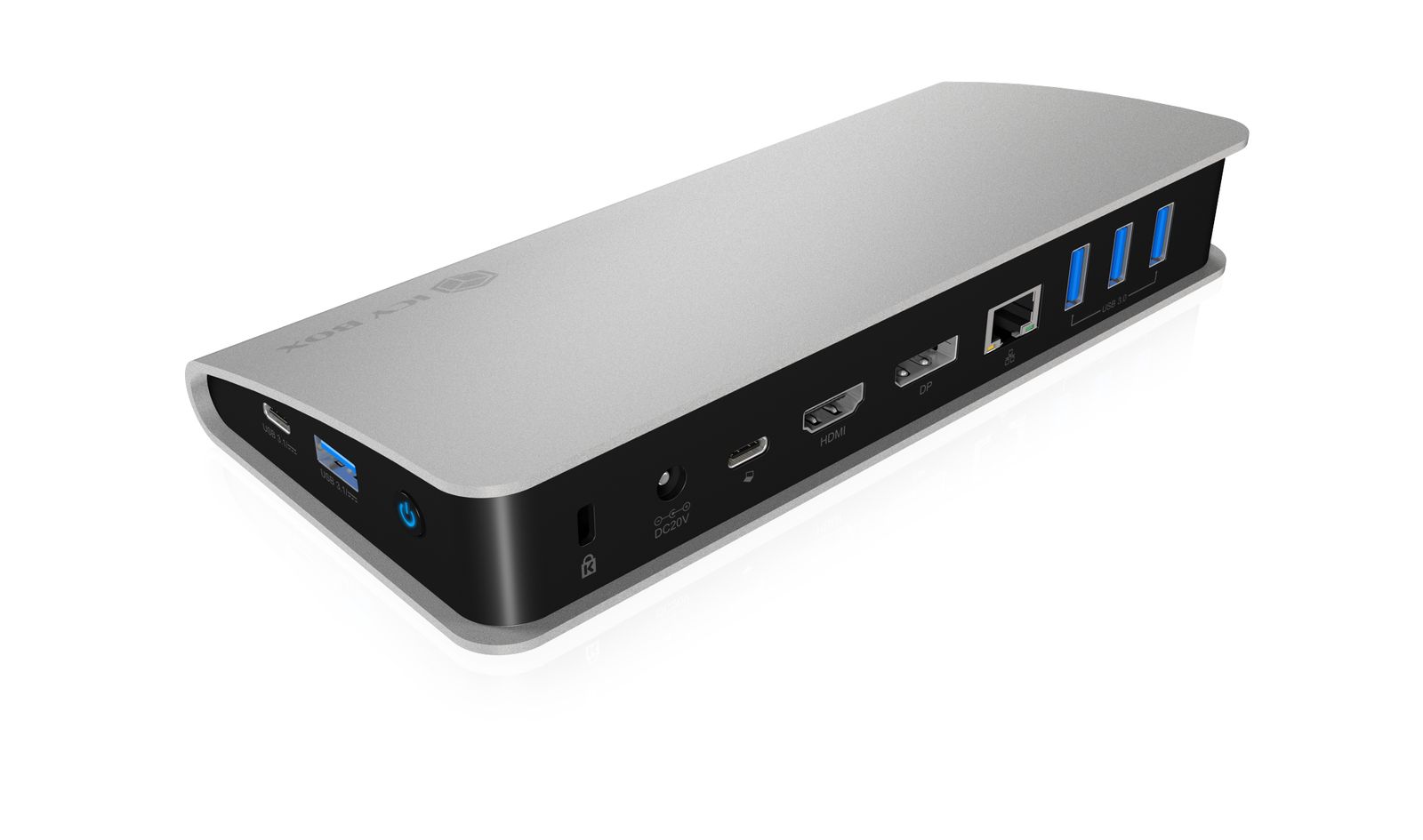 ICY BOX IB-DK2408-C Dockingstation USB Type-C, USB 3.2 Gen 1, HDMI & DisplayPort 4K@60, Gigabit LAN, Kartenleser, 100W PD, Schwarz/Silber, EU