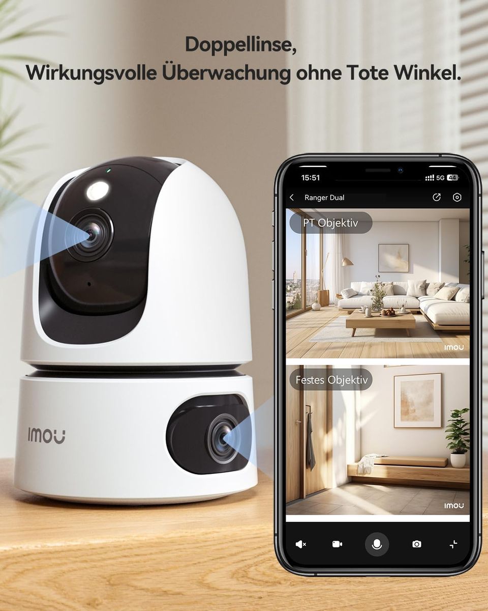Imou IPC-S2XP-8M0WED Dual-Objektiv Indoor Überwachungskamera, 3K+5MP, 360° PTZ, Farbnachtsicht, Person-/Haustiererkennung, Auto-Tracking, 2-Wege-Audio