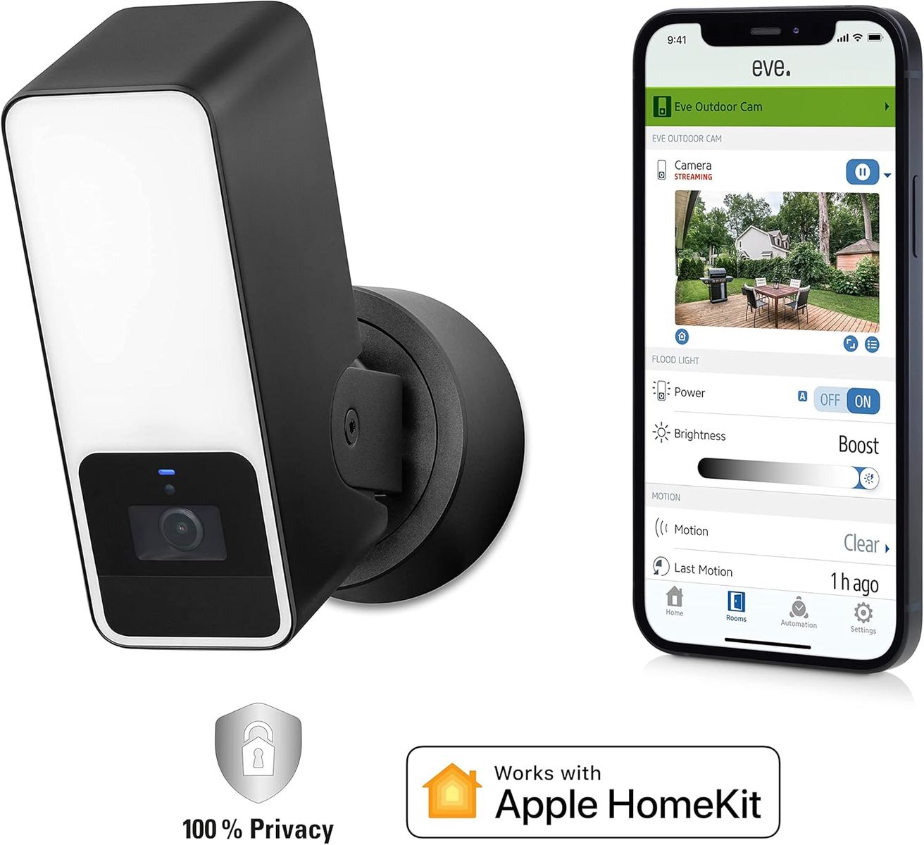 Eve Outdoor Cam Outdoor-Flutlichtkamera, HomeKit Secure Video, 1080p HD, Nachtsicht, 157° Sichtfeld, Bewegungssensor, Zwei-Wege-Audio, WLAN 2,4 GHz, Wandmontage