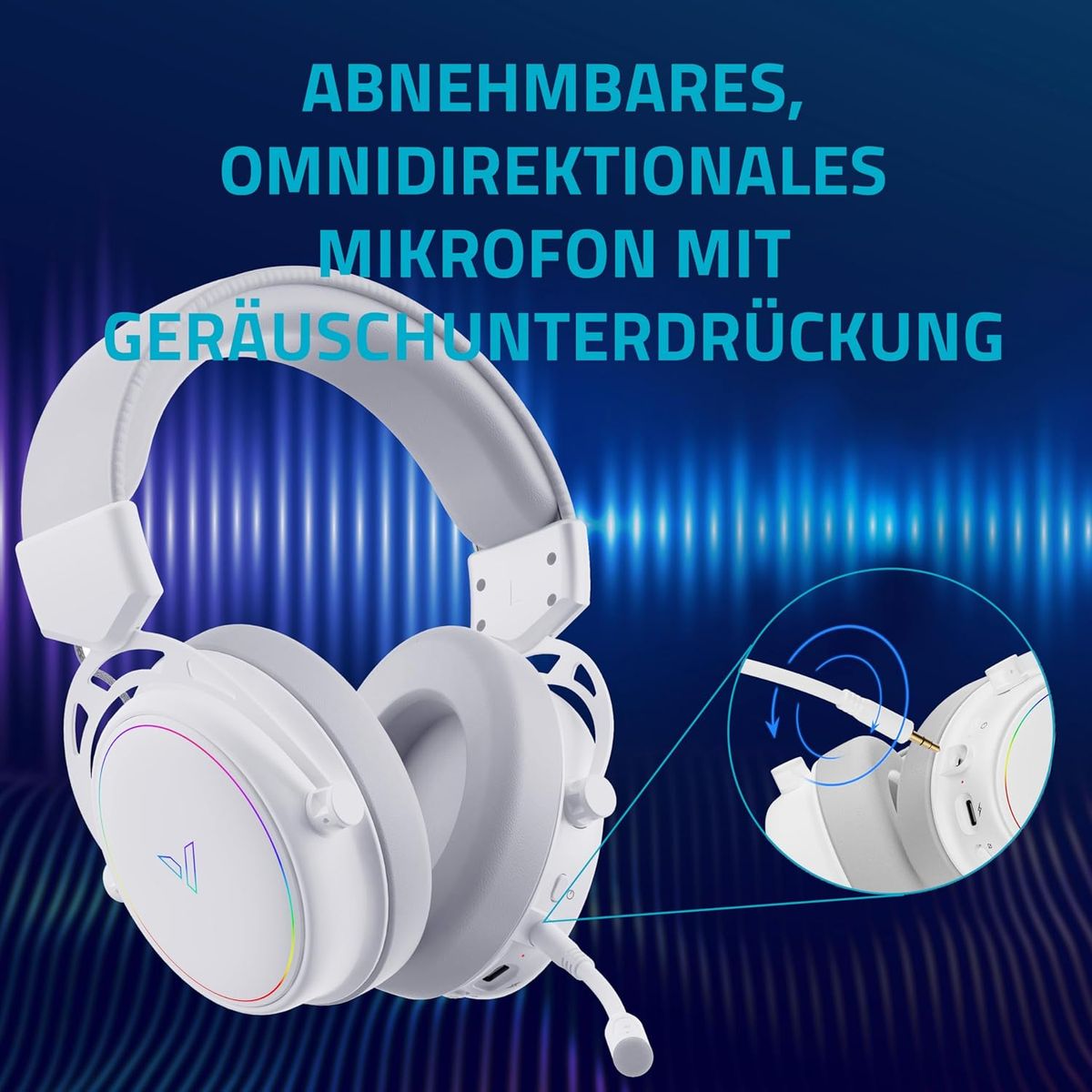 Rapoo VH800 kabelloses Gaming Over-Ear Headset, Flexibles Mikrofon mit Stummschaltung, Ohrpolster Kunstleder, 46h Akku, Headphone Bluetooth und 2,4Ghz PC/Mac/Xbox One/PS4/Nintendo Switch - White