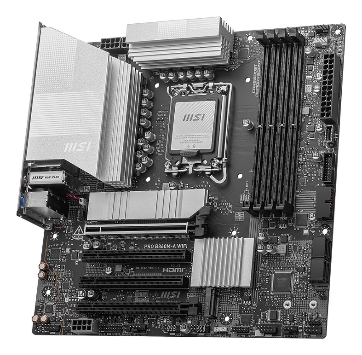 MSI PRO B860M-A WIFI Mainboard, Intel B860, LGA 1851 (Socket V1), micro ATX, DDR5, 4x DIMM bis 256 GB, 3x M.2, 4x SATA III, 5 Gigabit LAN, Wi‑Fi 7, Bluetooth 5.4, HDMI 2.1