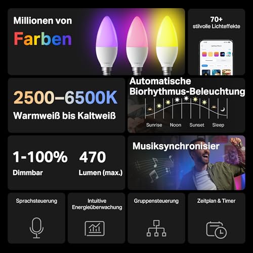 TP-Link Tapo L430C, 4er-Pack Smarte WLAN-Glühbirne E14, 470 Lumen, 16 Mio. Farben, dimmbar, Weißton 2.500–6.500 K, Zeitplan & Energieüberwachung, Alexa & Google Assistant, V1.0, EU