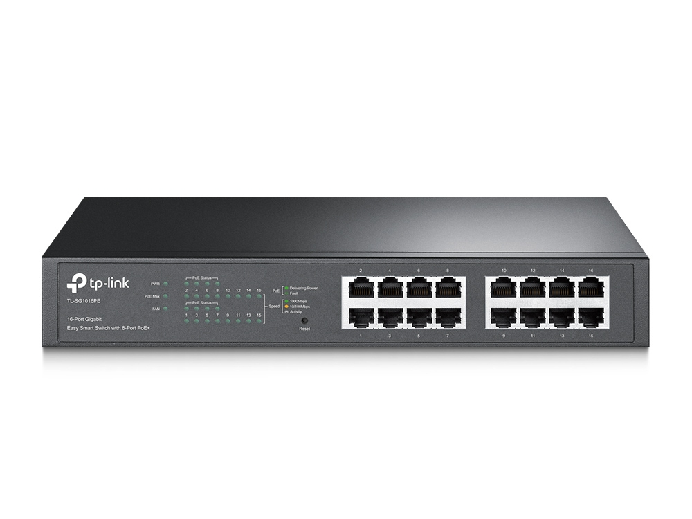 TP-Link TL-SG1016PE(UN) V2.0 16-Port Gigabit Easy Smart Switch, 8x PoE+ (124W), Managed L2, Web-Management, 1U Rack/Desktop