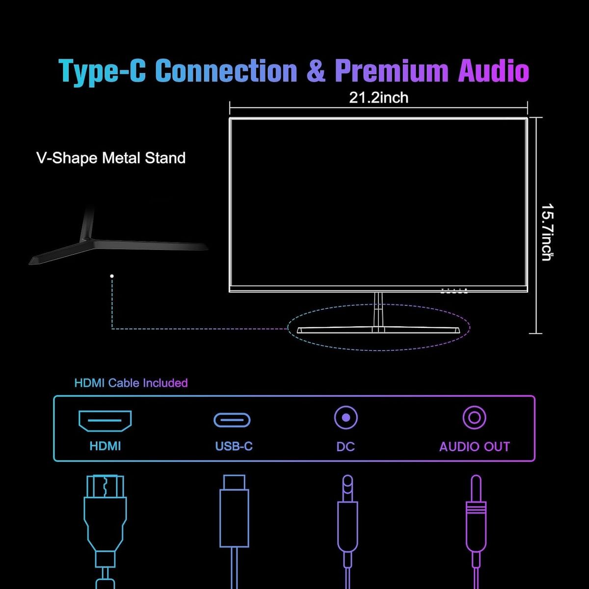Minifire 24-Zoll USB-C Monitor mit Lautsprecher, 100 Hz, IPS, FHD 1080P Adaptive Sync PC Bildschirm, HDMI USB-C Anschlüsse